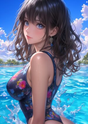 Anime Girl Summer Beach Scene - Premium Wooden Framed Poster. Ready to Hang.