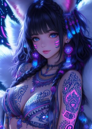 Cyberpunk Anime Girl: Neon Dreams - Premium Wooden Framed Poster. Ready to Hang.