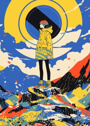 Girl in Yellow Jacket on Mountaintop - Premium Wooden Framed Poster. Ready to Hang.