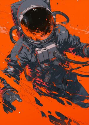 Cosmic Inferno: Astronaut in Space - Premium Wooden Framed Poster. Ready to Hang.