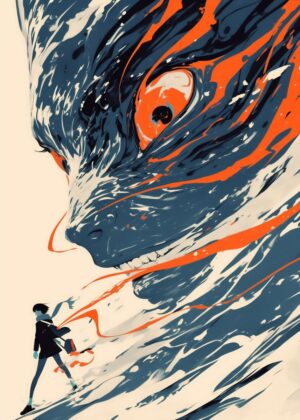 Girl Facing a Giant Abstract Monster - Premium Wooden Framed Poster. Ready to Hang.