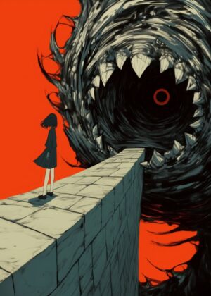 Girl Facing a Monstrous Abyss: A Surreal Digital Art Print - Premium Wooden Framed Poster. Ready to Hang.