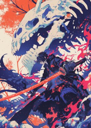 Samurai and Skull: A Vivid Anime Art Print - Premium Wooden Framed Poster. Ready to Hang.