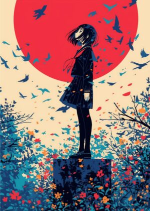 Anime Girl Silhouette Amidst a Flight of Birds - Premium Wooden Framed Poster. Ready to Hang.