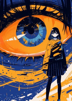 Anime Girl Gazing into a Giant Eye - Premium Wooden Framed Poster. Ready to Hang.