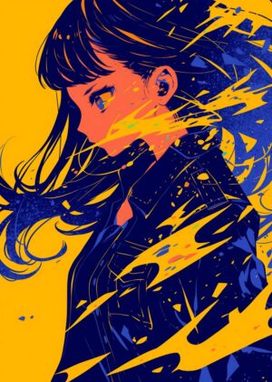 Anime Girl in Vivid Yellow and Blue - Premium Wooden Framed Poster. Ready to Hang.