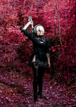 2B Cosplay in Mystical Forest - Premium Wooden Framed Poster. Ready to Hang.
