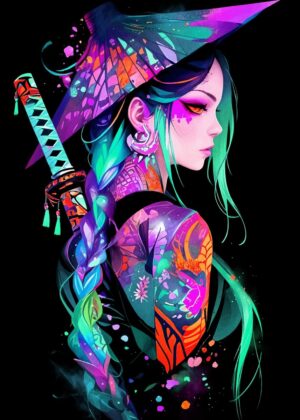 Magical Neon Samurai Girl Art Print - Premium Wooden Framed Poster. Ready to Hang.