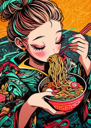 Anime Girl Devouring Delicious Ramen - Premium Wooden Framed Poster. Ready to Hang.