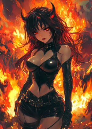 Fiery Anime Demon Girl Art Print - Premium Wooden Framed Poster. Ready to Hang.