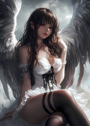 Anime Angel with White Wings: Celestial Beauty - Premium Wooden Framed Poster. Ready to Hang.