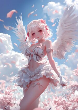 Anime Angel Girl in Bloom: Heaven's Wings - Premium Wooden Framed Poster. Ready to Hang.