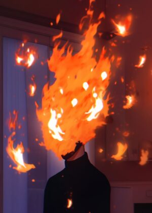 Lonely Boy with Flaming Head: A Surreal Digital Art Print - Premium Wooden Framed Poster. Ready to Hang.