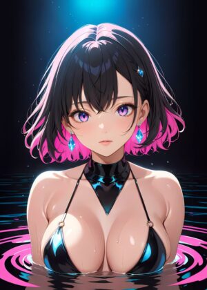 Anime Girl in Water: A Stunning Digital Art Print - Premium Wooden Framed Poster. Ready to Hang.