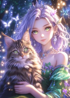 Anime Princess and Her Feline Companion - Premium Wooden Framed Poster. Ready to Hang.