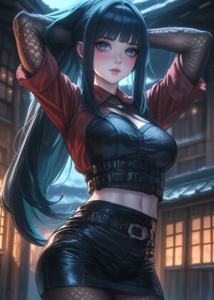 Anime Girl in Red and Black Outfit - Premium Wooden Framed Poster. Ready to Hang.