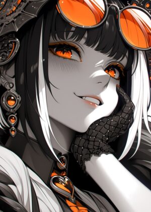 Anime Girl with Orange Glasses: Striking Digital Art Print - Premium Wooden Framed Poster. Ready to Hang.