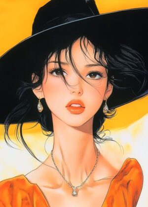 Anime Woman in a Hat: Elegant Style - Premium Wooden Framed Poster. Ready to Hang.