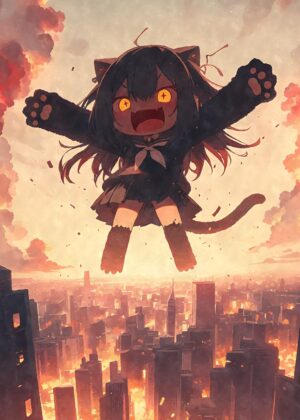 Cat Girl Devastation: Anime Art Print - Premium Wooden Framed Poster. Ready to Hang.