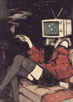 TV Head Girl Smoking: A Darkly Atmospheric Art Print - Premium Wooden Framed Poster. Ready to Hang.