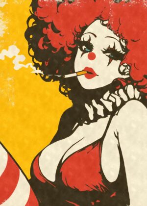 Smoking Clown Girl Art Print - Premium Wooden Framed Poster. Ready to Hang.