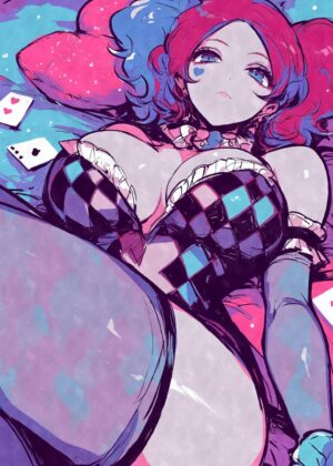 Harlequin Jester Girl and Playing Cards Art Print - Premium Wooden Framed Poster. Ready to Hang.