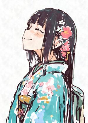 Smiling Anime Girl in Traditional Kimono - Premium Wooden Framed Poster. Ready to Hang.