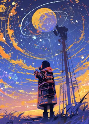 Silhouette Under a Cosmic Sky: A Dreamy Artwork - Premium Wooden Framed Poster. Ready to Hang.