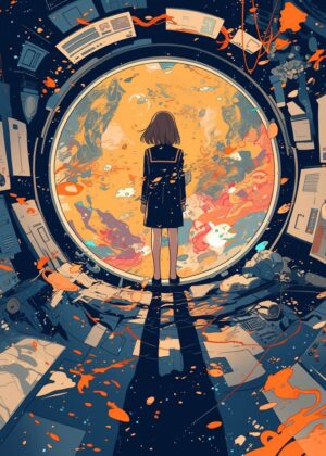 Girl Gazing Through a Cosmic Portal: A Surreal Journey - Premium Wooden Framed Poster. Ready to Hang.