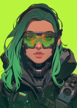 Cyberpunk Green Hair Girl Art Print - Premium Wooden Framed Poster. Ready to Hang.