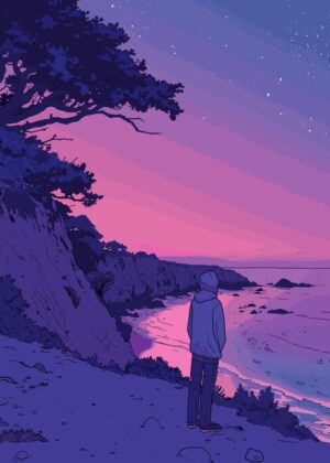 Silhouette at Sunset: Coastal Calm - Premium Wooden Framed Poster. Ready to Hang.