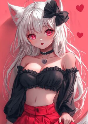 Adorable Anime Neko Girl with Cat Ears - Premium Wooden Framed Poster. Ready to Hang.