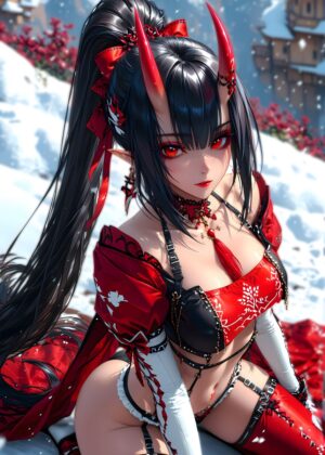 Fiery Anime Girl in Winter Wonderland - Premium Wooden Framed Poster. Ready to Hang.