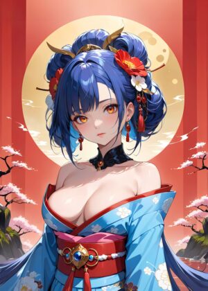 Anime Geisha Girl in Kimono: Vibrant Artwork - Premium Wooden Framed Poster. Ready to Hang.