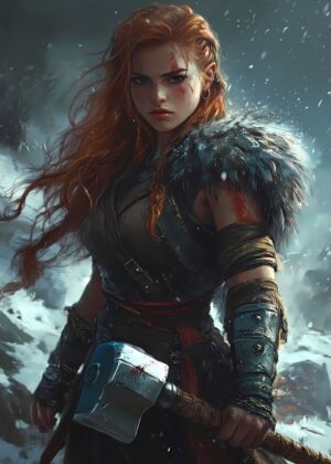 Fierce Viking Shieldmaiden: A Nordic Warrior Woman - Premium Wooden Framed Poster. Ready to Hang.
