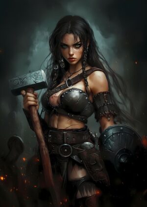 Fierce Viking Shieldmaiden: A Digital Art Print - Premium Wooden Framed Poster. Ready to Hang.