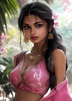 Beautiful Indian Woman in Pink Sari Art Print - Premium Wooden Framed Poster. Ready to Hang.