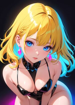 Anime Girl with Blue Eyes in Black Bikini Top - Premium Wooden Framed Poster. Ready to Hang.
