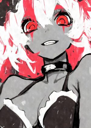 Anime Clown Girl with Red Eyes: A Striking Watercolor Artwork - Premium Wooden Framed Poster. Ready to Hang.