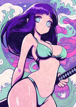 Sexy Anime Girl with Katana: Vibrant Art Print - Premium Wooden Framed Poster. Ready to Hang.
