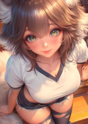 Adorable Anime Cat Girl Art Print - Premium Wooden Framed Poster. Ready to Hang.