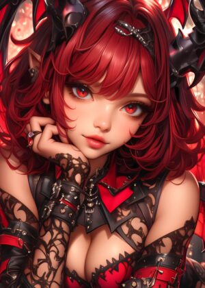 Red-Haired Demon Girl: Fiery Anime Artwork - Premium Wooden Framed Poster. Ready to Hang.