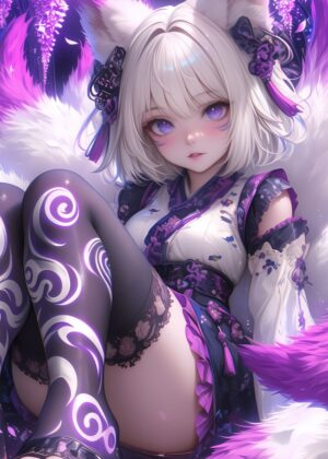 Enchanting Anime Fox Girl Art Print - Premium Wooden Framed Poster. Ready to Hang.