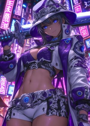 Cyberpunk Anime Girl: Neon City Nights - Premium Wooden Framed Poster. Ready to Hang.