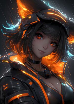Orange Cyberpunk Anime Girl Art Print - Premium Wooden Framed Poster. Ready to Hang.