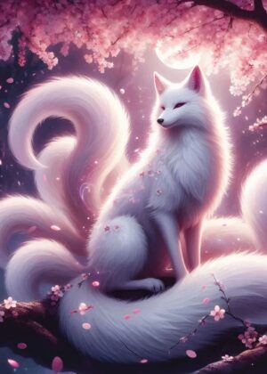Mystical Nine-Tailed Fox Under Cherry Blossoms - Premium Wooden Framed Poster. Ready to Hang.