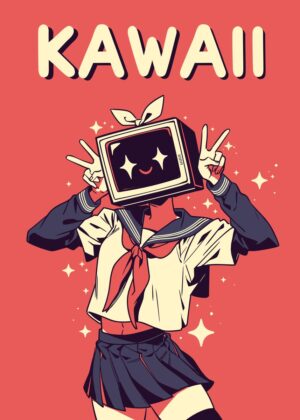 Kawaii Anime TV Girl Art Print - Premium Wooden Framed Poster. Ready to Hang.