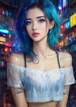 Cyberpunk Rain: Anime Girl in Neon City - Premium Wooden Framed Poster. Ready to Hang.