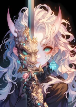 Demonic Warrior Girl: Digital Art Print - Premium Wooden Framed Poster. Ready to Hang.