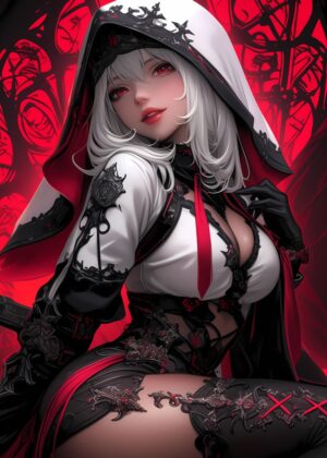 Anime Girl in Red and Black: Fiery Elegance - Premium Wooden Framed Poster. Ready to Hang.